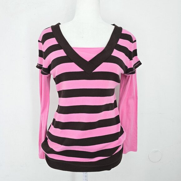 Vintage 90s Y2K Pink Brown VNeck Overlay Ribbed Long Sleeve Top KIds 14/16 Women - Picture 1 of 7